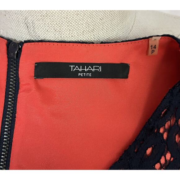 Tahari Petite Navy Overlay Orange Cotton Dress Womens 14P - Picture 5 of 6